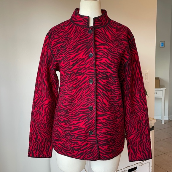 JM Collection Jacket Size Medium Zebra Red Print Wool Button Closure - Picture 2 of 7